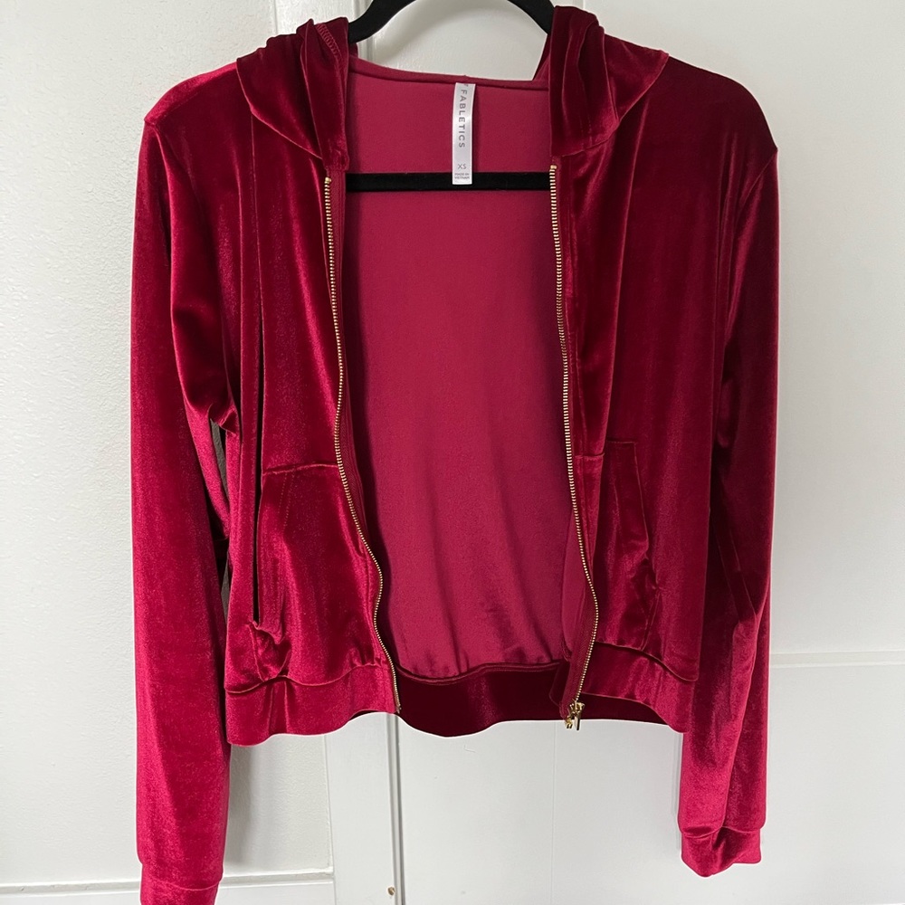 Fabletics velour red zip up hoodie